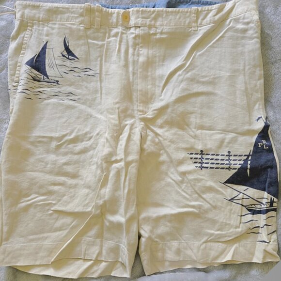 NEW $145 Vintage Polo Ralph Lauren Linen & Silk Shorts 42 Creme Sailing Sailboat